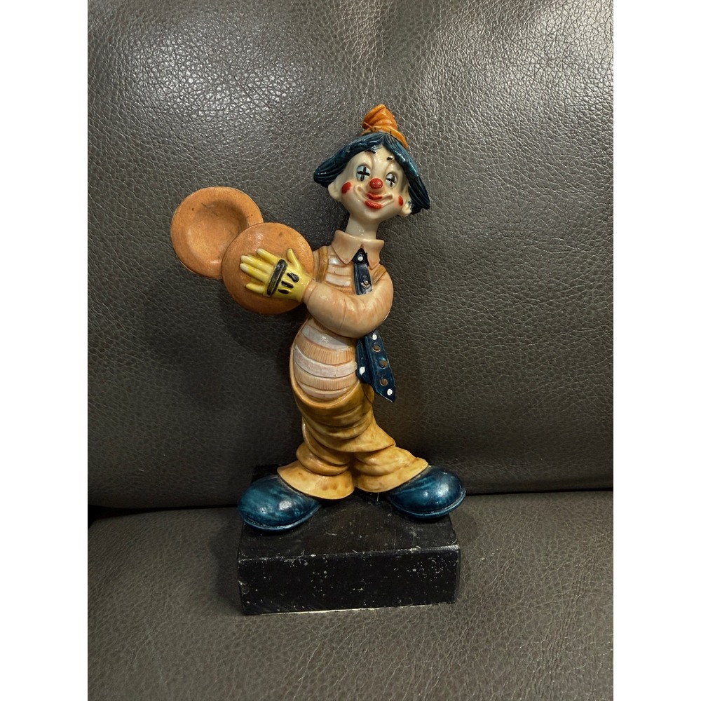 Vintage Italian Resin Clown Figurine Cymbals Black Marble Base Hand Painted 6"